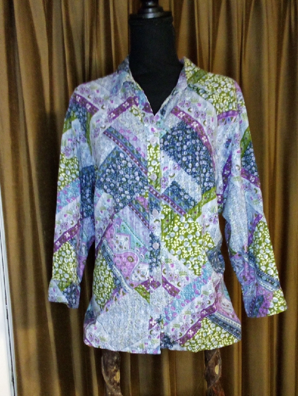 Cottage Core Patchwork Print Button-Up Shirt - Lavender, Green, Blue
